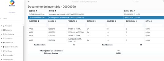 Tela de operação do software iC3 com dados de inventário automático
