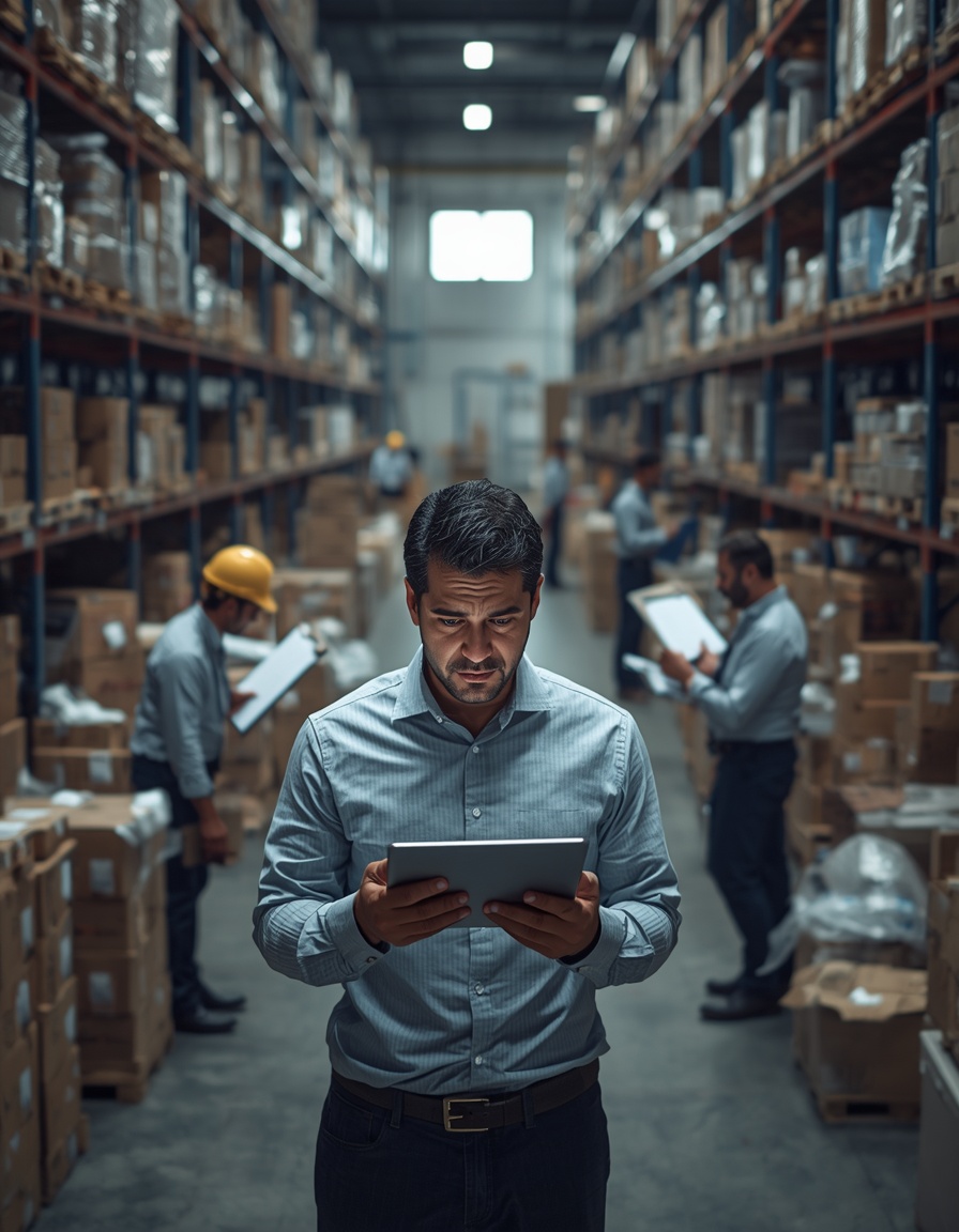 Gestor de logística conferindo divergências entre estoque físico e sistema durante inventário manual em centro de distribuição