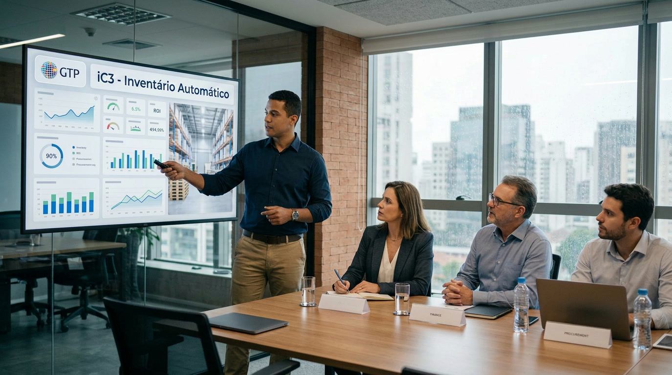 Apresentação de dashboard do iC3 em reunião executiva para avaliação de inventário automático, ROI e acuracidade